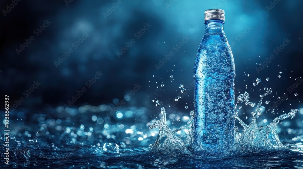 Refreshing splash a crystal-clear water bottle surrounded by vibrant water droplets against a mystical blue background Refreshing splash a crystal-clear water bottle surrounded by vibrant water droplets against a mystical blue background