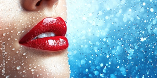 Captivating close-up of glossy red lips behind a rainy window with sparkling water droplets and a soft blue background for a stunning visual impact