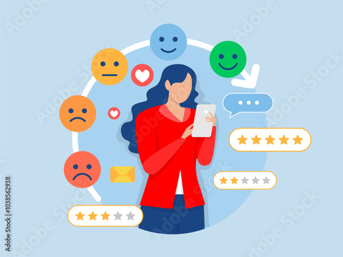 Customer feedback concept,woman use smart phone for Credit score or satisfaction measurement, customer satisfaction level emoji level. feedback star rating with good and bad emotions. 