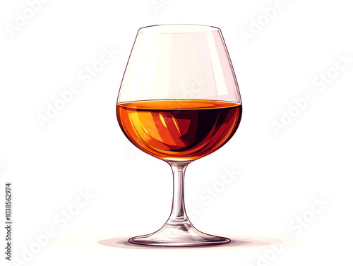 A glass of amber colored liquor in a clear glass with a stem on a white background.