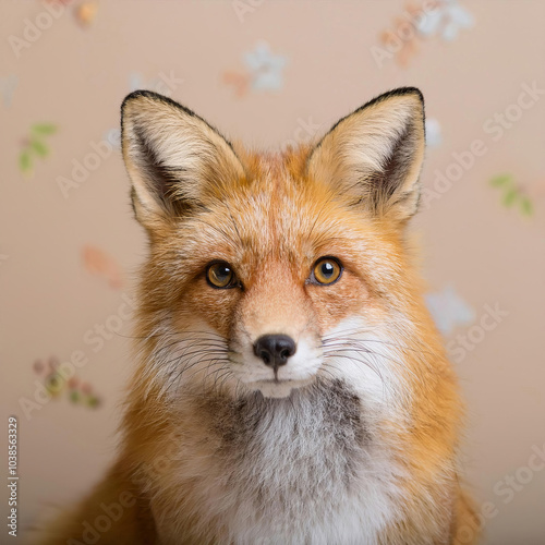 portrait of a fox with out of focus florals on the background