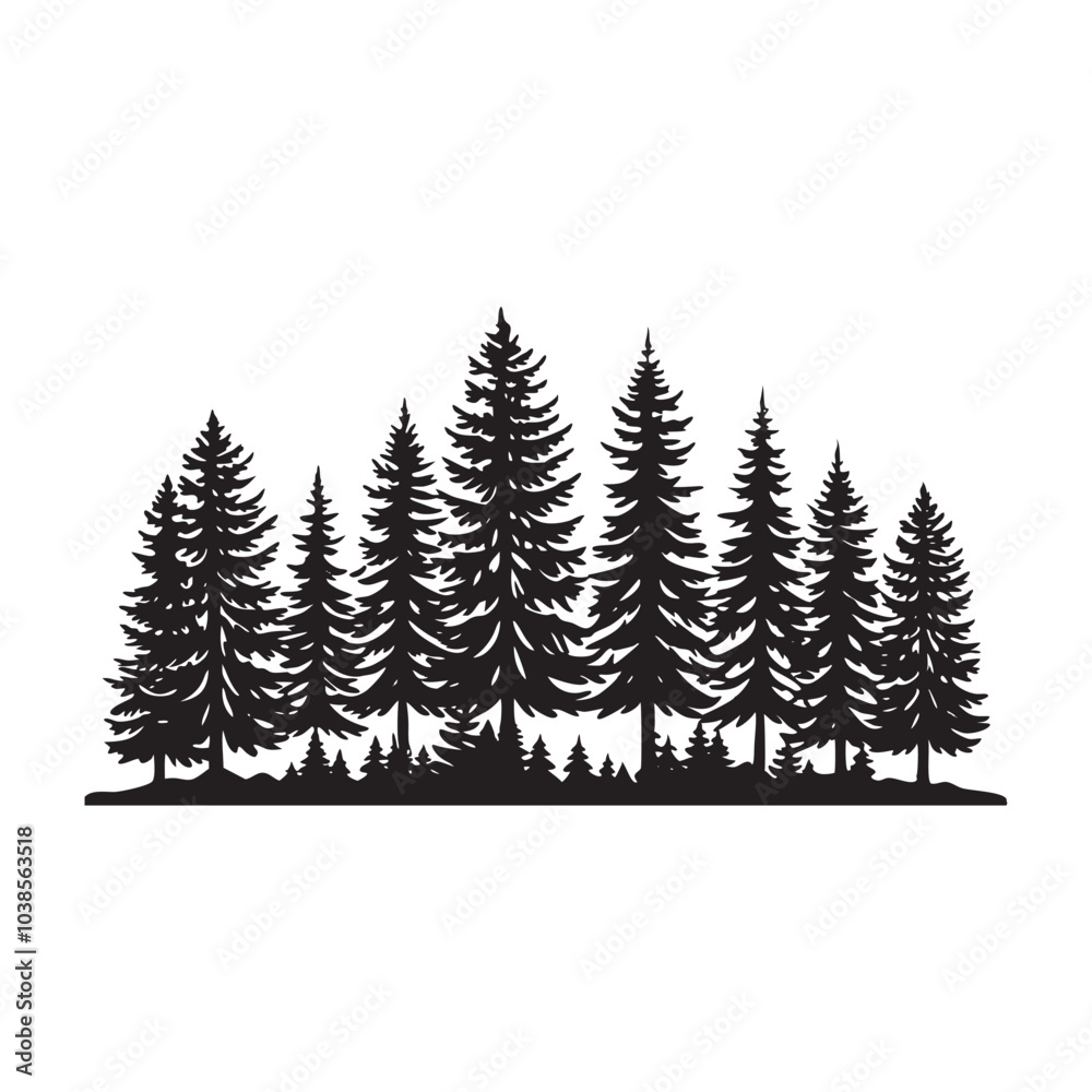 Obraz premium Pine Trees Forest Silhouette on White Background