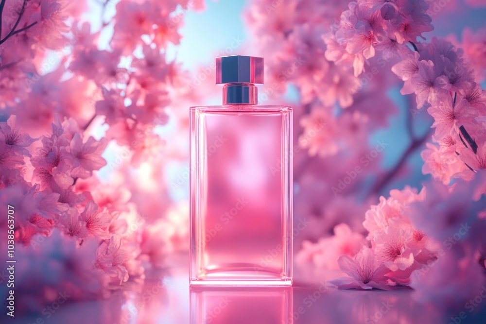 Captivating essence a stunning perfume bottle amidst blooming cherry blossoms evoking springtime romance and elegance Captivating essence a stunning perfume bottle amidst blooming cherry blossoms evoking springtime romance and elegance
