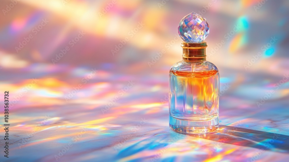 Captivating elegance a stunning glass perfume bottle reflecting colorful light patterns on a marble surface Captivating elegance a stunning glass perfume bottle reflecting colorful light patterns on a marble surface