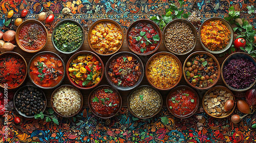 Vibrant Indian cuisine with bowls of curry, rice, vegetables; herbs and spices artfully scattered.