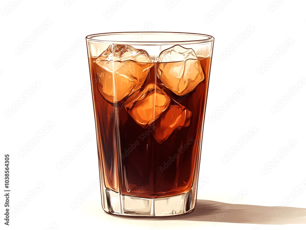 A glass of cola with ice cubes. A glass of cola with ice cubes.
