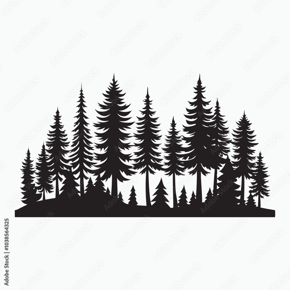 Fototapeta premium Pine Trees Forest Silhouette on White Background