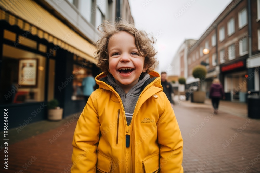 Portrait of a cute little boy in a yellow jacket on the street Portrait of a cute little boy in a yellow jacket on the street