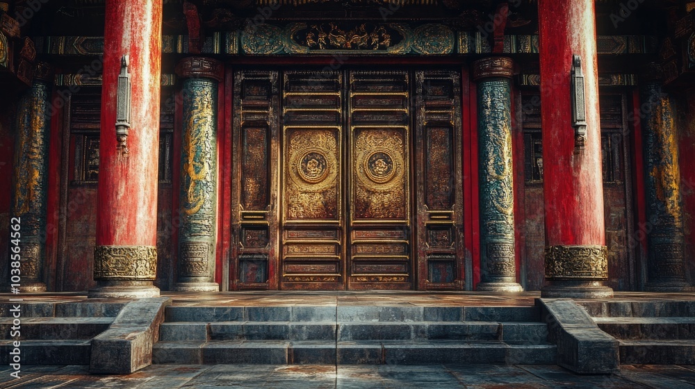 A captivating view of the temple gates adorned with traditional motifs, inviting visitors into a sacred space. A captivating view of the temple gates adorned with traditional motifs, inviting visitors into a sacred space.