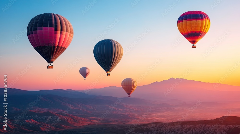 Fototapeta premium Colorful Hot Air Balloons Over Scenic Landscape