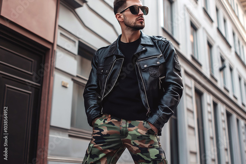 Man in camouflage pants and a leather jacket with oversized sunglasses, street fashion vibe.