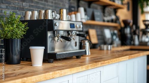 Modern coffee machine standing on a wooden countertop with nobody around, ready to brew a fresh cup of coffee