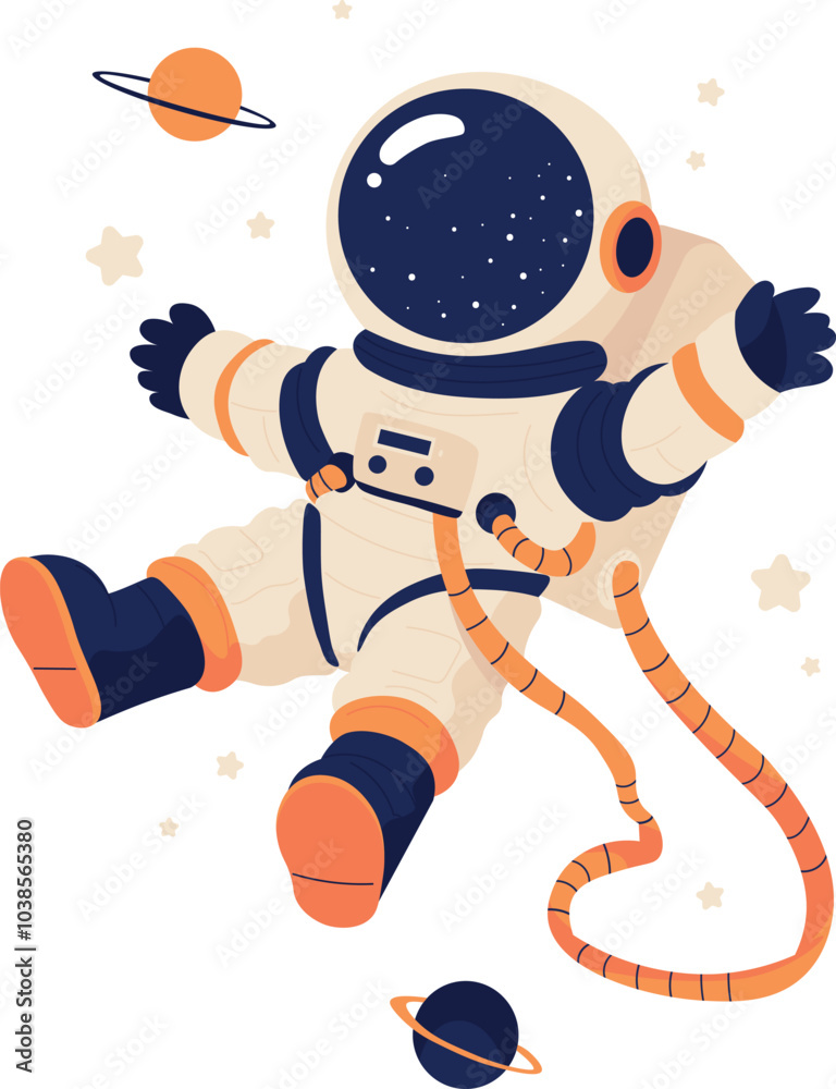 Obraz premium A cute vector illustration of an astronaut floating in space, surrounded by planets and stars. The playful design features soft colors and minimal details, ideal for childrens themes