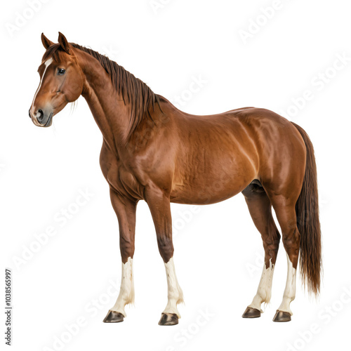 A majestic brown horse with a white blaze on its face stands tall against a white background, its powerful legs and long tail adding to its majestic appearance