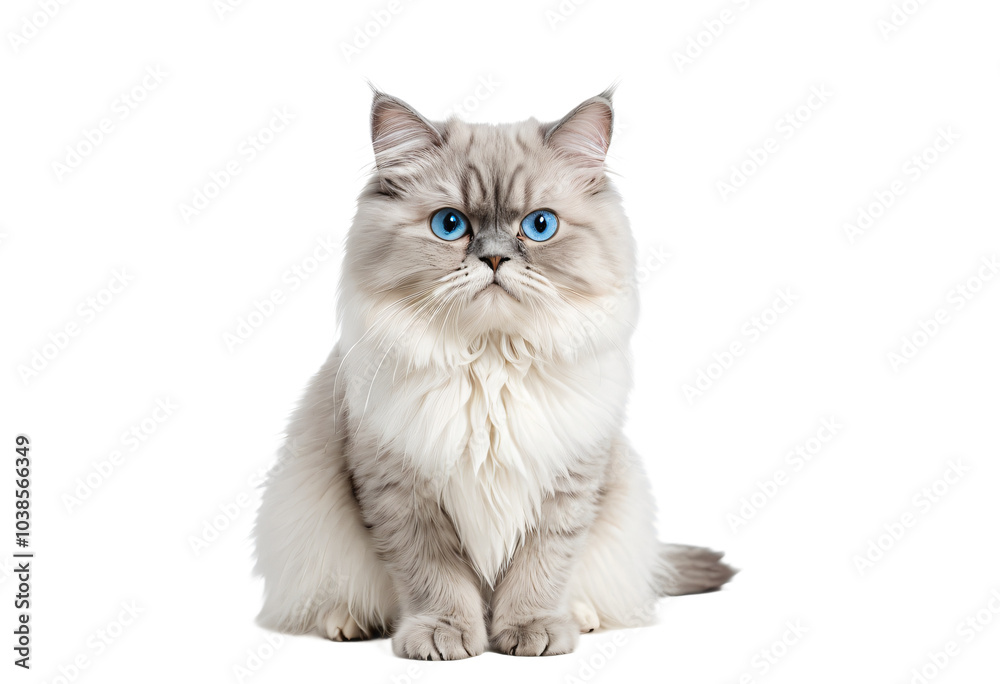 A white and gray Persian cat with blue eyes gazes directly at the camera, sitting against a white background, creating a serene and captivating image A white and gray Persian cat with blue eyes gazes directly at the camera, sitting against a white background, creating a serene and captivating image
