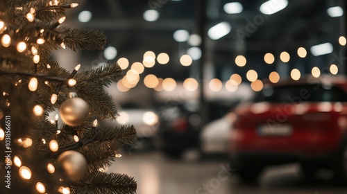 Festive automotive showroom with elegant christmas light decorations
