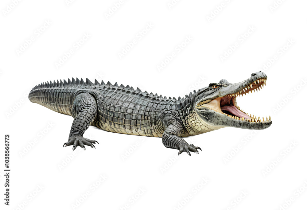 Naklejka premium A toy alligator lies on its side, its head turned to the right, with its mouth open, revealing sharp teeth and a gray body, against a white background
