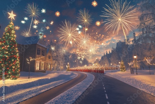 A Christmas parade winding through a snowy street, with fireworks lighting up the sky and a magical snowfall adding to the festive atmosphere of the holiday event. photo