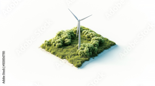 Renewable energy sources like windmills turbines, izometry miniature. Concept Renewable Green Energy, Windmills, Sunset Sky, Environmental Conservation photo