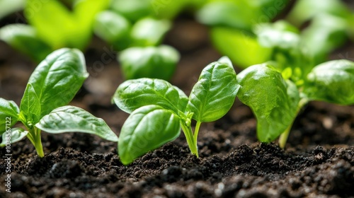 Fresh Green Seedlings Growing in Rich Soil