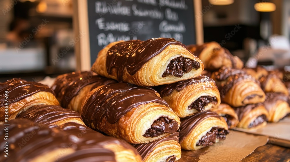 Delicious Chocolate Croissants Displayed in Bakery Delicious Chocolate Croissants Displayed in Bakery