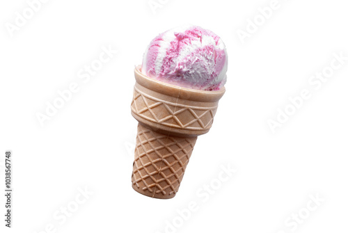 Ice cream cone isolated on white background, summer concept, strawberry and vanilla ice cream scoop