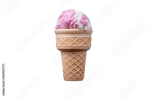Ice cream cone isolated on white background, summer concept, strawberry and vanilla ice cream scoop
