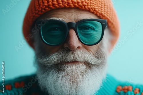 A stylish bearded man wearing an orange knitted hat and large turquoise glasses poses against a cool blue backdrop, embodying modern urban fashion and coolness. photo