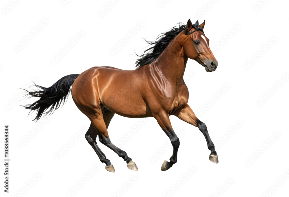 A majestic brown horse gallops freely on all fours, its black mane flowing freely and tail swaying, against a stark white background, showcasing its strength and grace A majestic brown horse gallops freely on all fours, its black mane flowing freely and tail swaying, against a stark white background, showcasing its strength and grace