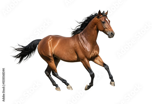 A majestic brown horse gallops freely on all fours, its black mane flowing freely and tail swaying, against a stark white background, showcasing its strength and grace