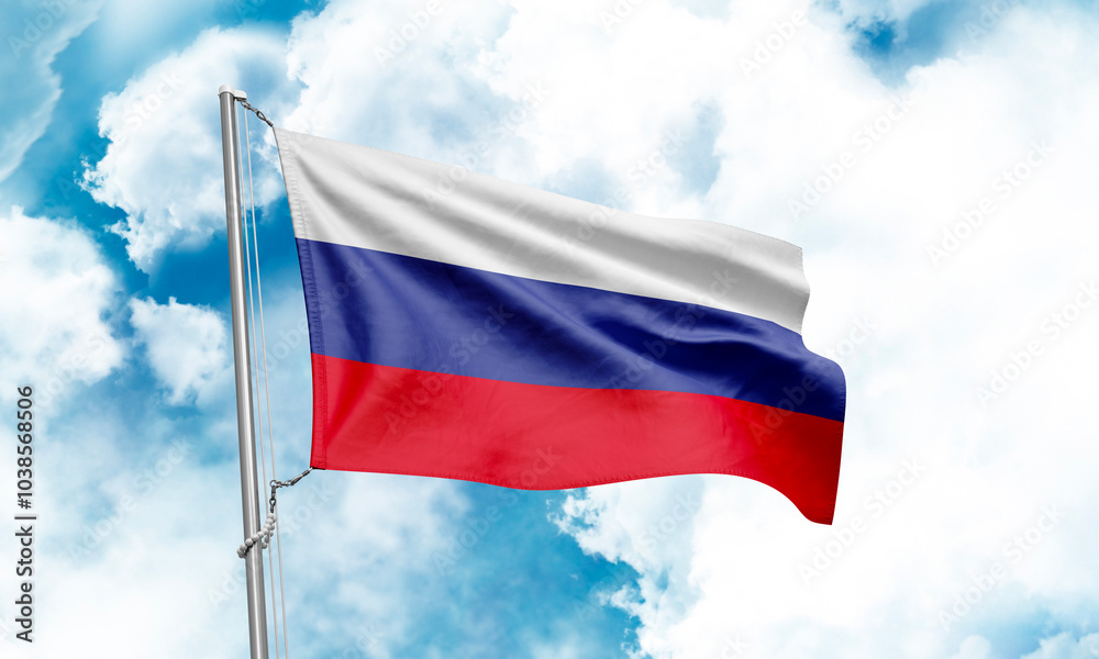 Russia flag waving on sky background. 3D Rendering Russia flag waving on sky background. 3D Rendering