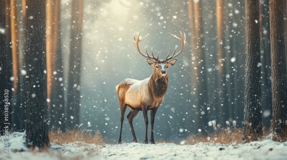 Majestic Deer in Snowy Forest Scene Majestic Deer in Snowy Forest Scene