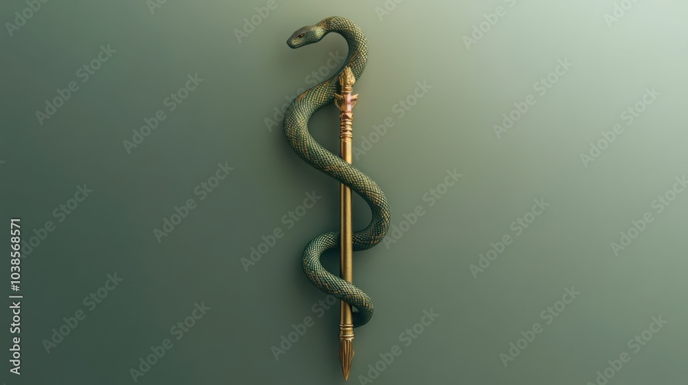 Obraz premium A minimalist rendering of the Rod of Asclepius, with a snake gently coiling around the staff, in soft green and gold, symbolizing healing and medicine