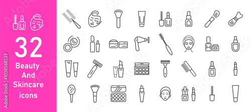Set of beauty and cosmetics line icons. Cosmetics line icons set. Lipstick, mascara, lipstick, cream, eyelash curler, eyeliner. Vector illustration