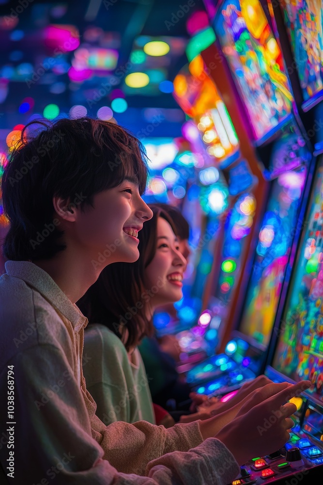 Obraz premium A group of Japanese friends enjoying karaoke in a lively, neon-lit karaoke bar, laughing and singing together