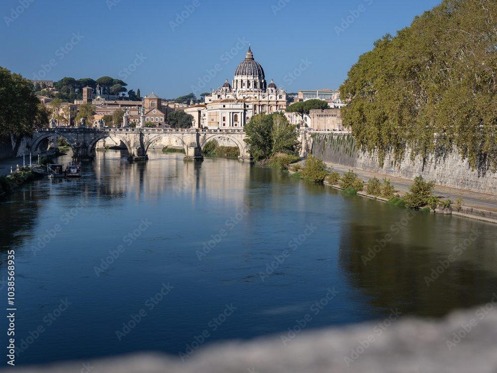 Basilica di San Pietro in Vatican, Ponte Sant Angelo bridge and Tiber river on sunny day, Rome, Italy Basilica di San Pietro in Vatican, Ponte Sant Angelo bridge and Tiber river on sunny day, Rome, Italy