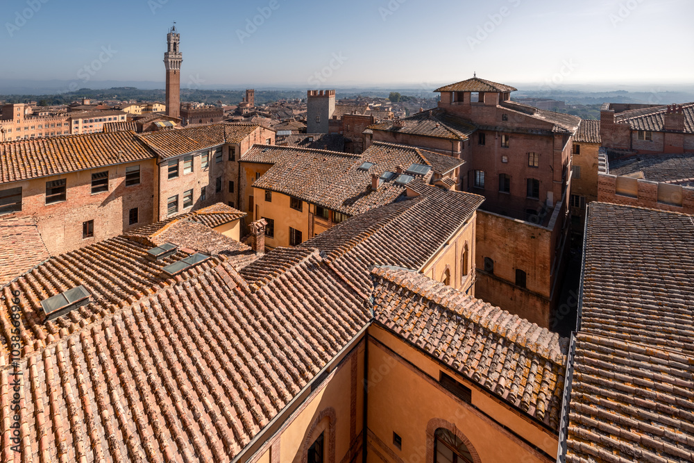 Naklejka premium Aerial cityscape of historical center with tiled roofs, Torre del Mangia medieval tower, Siena, Italy