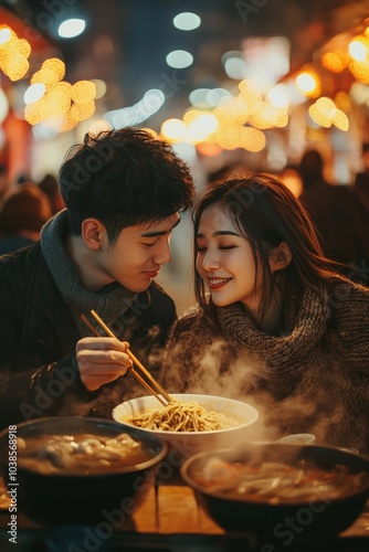 A young Asian couple sitting at a street food stall, savoring bowls of ramen, with vibrant market lights and the bustling energy of the night market around them.