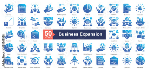 Business Expansion icon collection set. Containing Revenue, Outlet, Idea, Profit, Risk Management, Network, Pie Chart, Intellectual, Marketing icon. Simple gradient fill illustration.