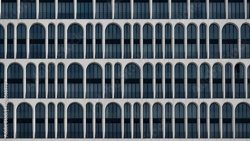 Close up fragment of modern architecture facade of residential complex, Moscow, Russia