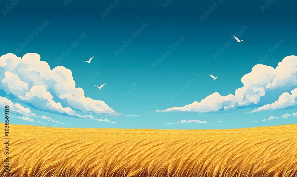 Fototapeta premium _golden_wheat_field_stretching_under_a_bright,cotton_field,landscape_of_rolling_green_hills