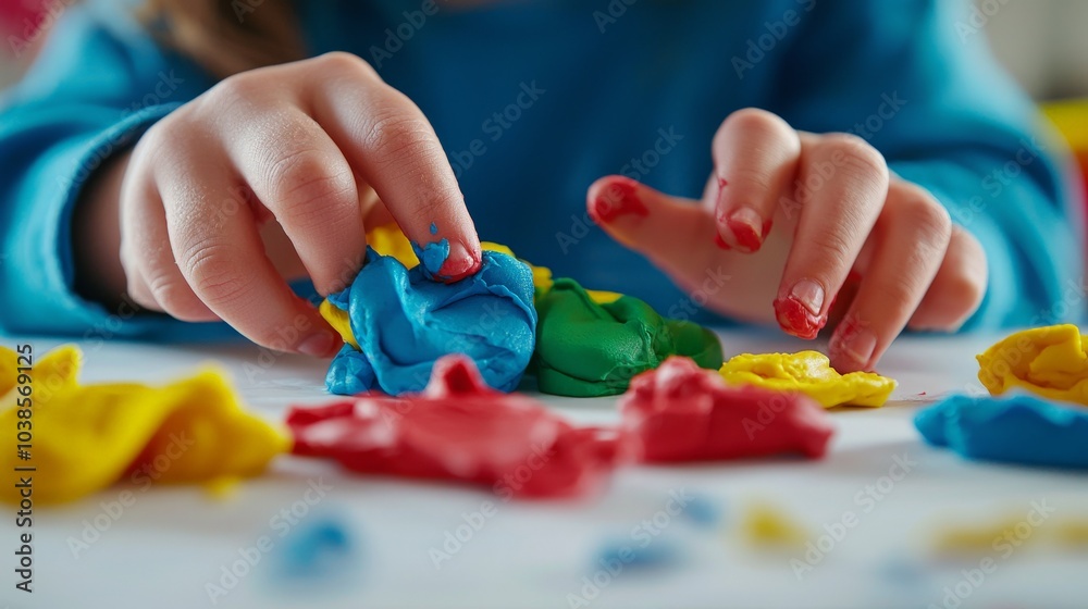 Close-up of a child's hands rolling and molding colorful play dough Close-up of a child's hands rolling and molding colorful play dough
