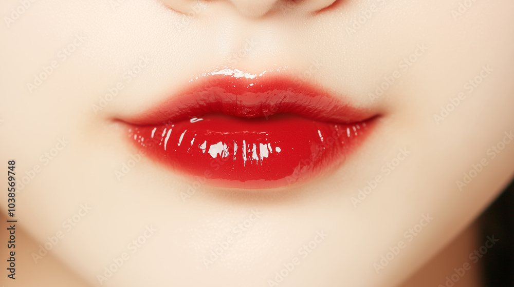 Obraz premium 若いアジア人女性の唇のクローズアップ。潤いのある赤い色の口紅を付けている可愛い口元。