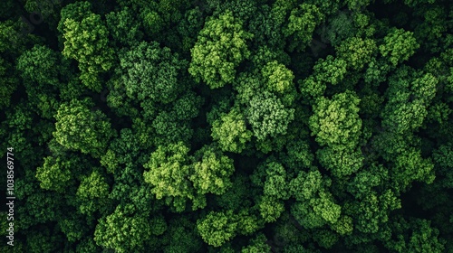 Aerial top view of a green forest landscape with a dense tree canopy from a drone's perspective