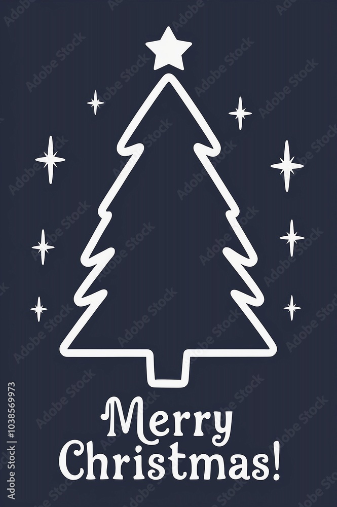 white outline illustration of a Christmas tree surrounded by stars on a dark blue background, with the text Merry Christmas white outline illustration of a Christmas tree surrounded by stars on a dark blue background, with the text Merry Christmas