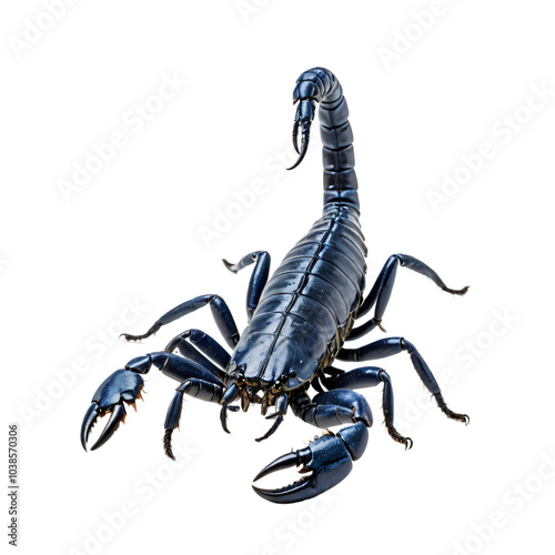 A solitary, blue scorpion with six legs and two claws is centrally positioned against a white background, facing right and appearing to be in motion photo