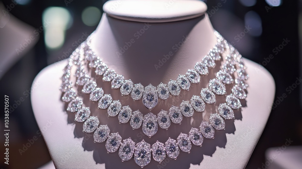 Fototapeta premium Display of diamond necklaces shining under soft lights in a jewelry store, exuding glamour and sophistication.