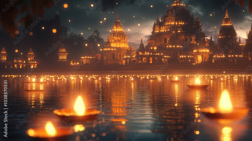 Fototapeta premium Diwali candles burning in water, with a backdrop of traditional Indian temples and warm, glowing lights.