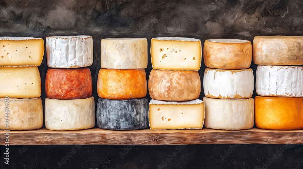 A colorful array of various artisanal cheeses stacked on a rustic wooden shelf, showcasing diverse textures and colors. A colorful array of various artisanal cheeses stacked on a rustic wooden shelf, showcasing diverse textures and colors.