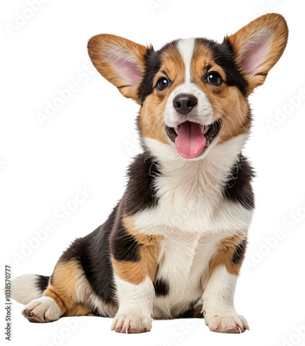 A Corgi puppy with a mix of black, white, and brown fur, sitting upright and looking up at the camera with a playful expression, is the central focus of the image against a white background